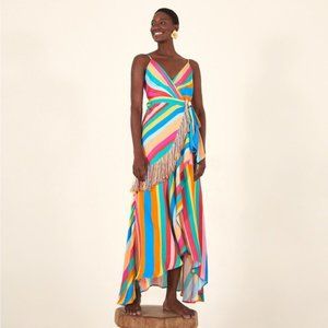 Farm Rio Striped Fringe Wrap Dress